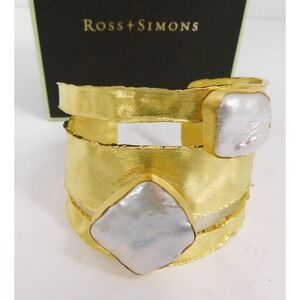 New Ross Simons Hammered Gold over Silver Baroque Pearl Cuff w/Box 56.7 grams‎